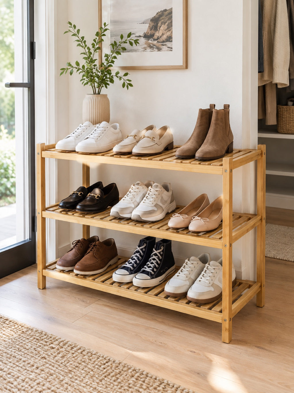 3-Tier Bamboo Shoe Rack in use - Miraclli