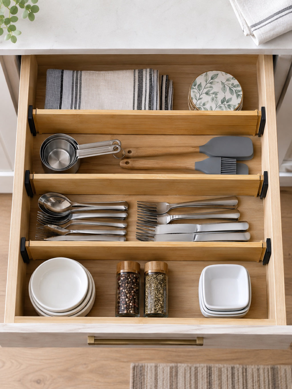 Adjustable Bamboo Drawer Dividers, Set of 4 in use - Miraclli