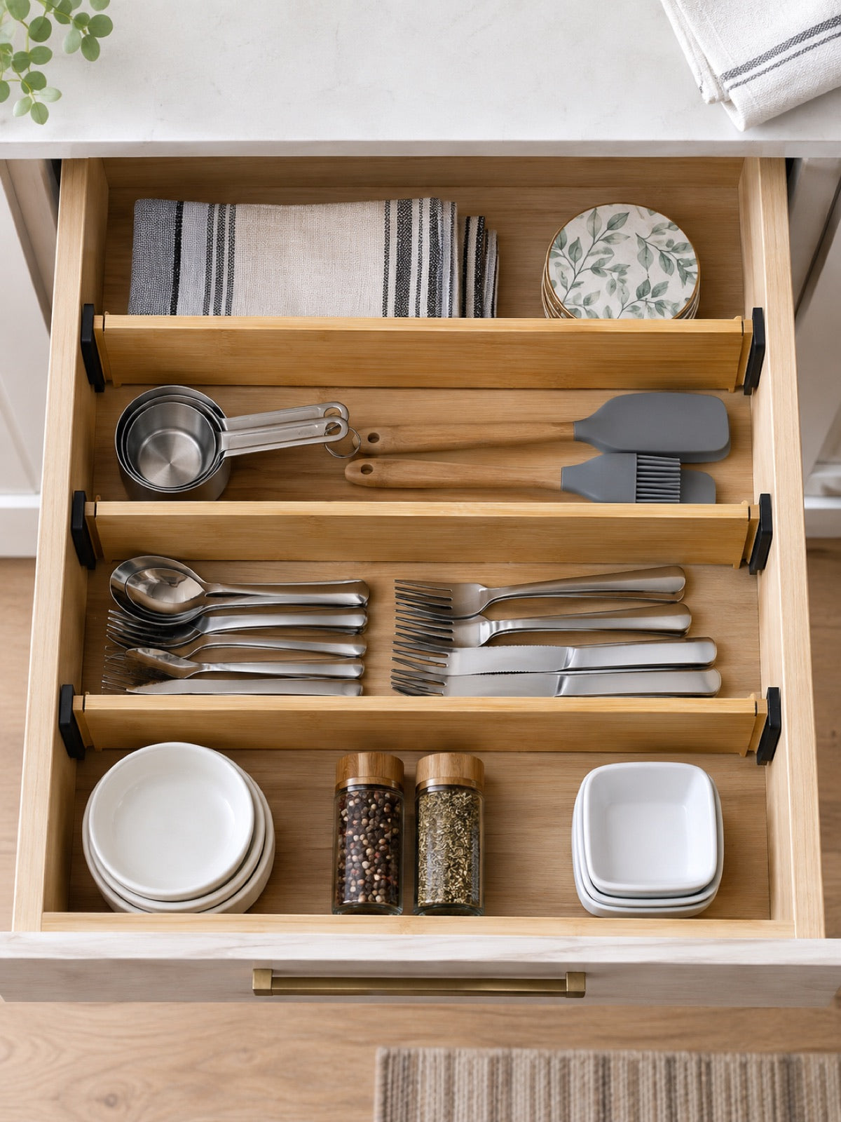 Adjustable Bamboo Drawer Dividers, Set of 4 in use - Miraclli