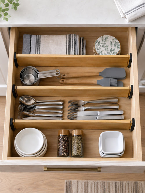 Adjustable Bamboo Drawer Dividers, Set of 4 in use - Miraclli