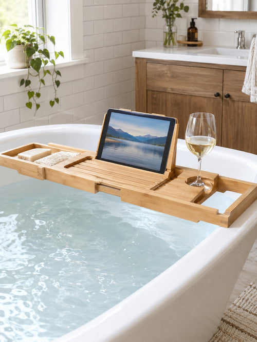 Bamboo Bathtub Caddy Tray in use - Miraclli