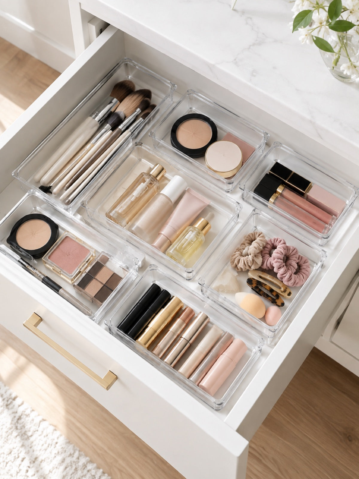 Clear Acrylic Makeup Drawer Organizer Set, 6-Piece in use - Miraclli