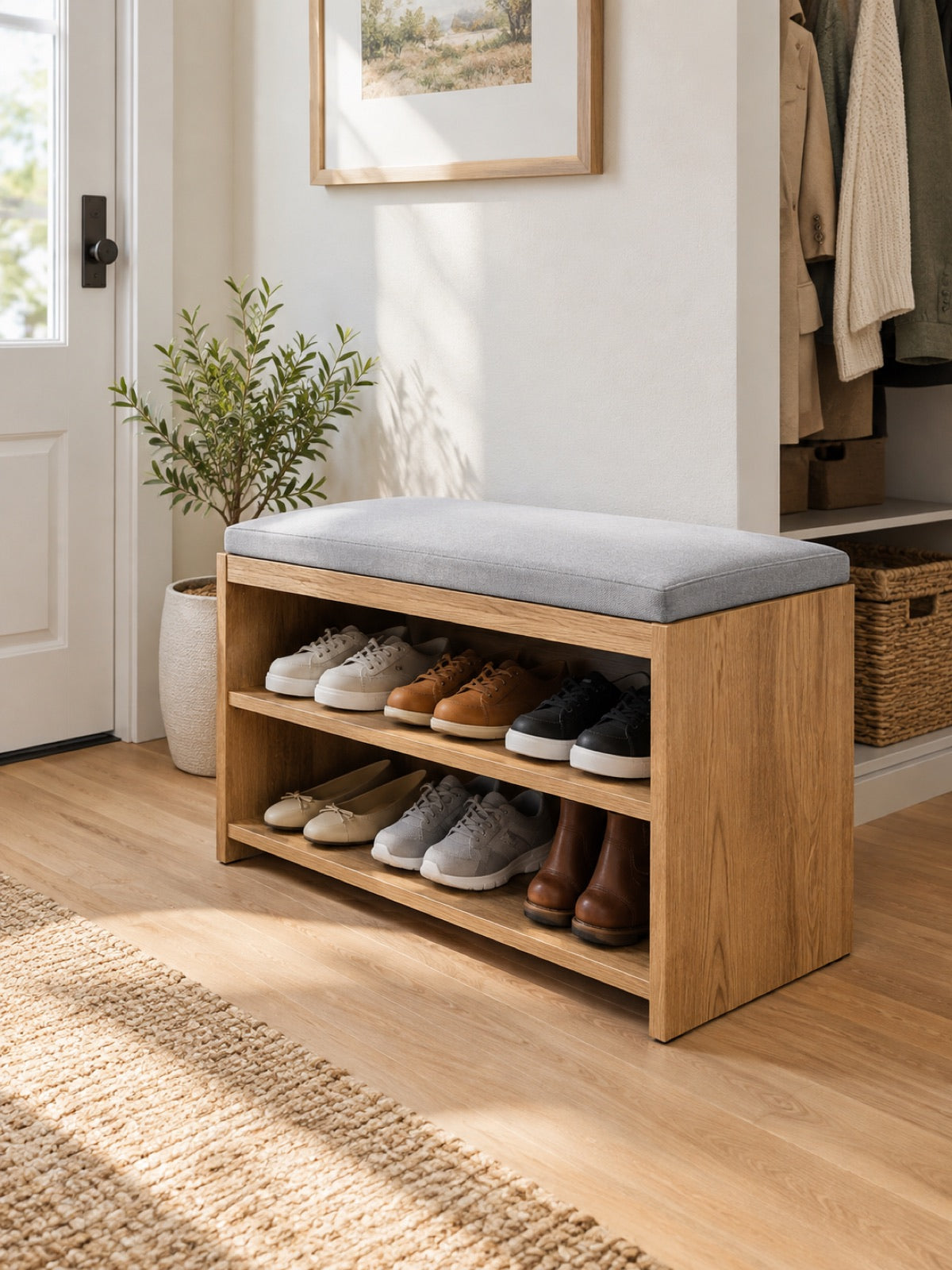 Entryway Shoe Storage Bench with Cushion in use - Miraclli