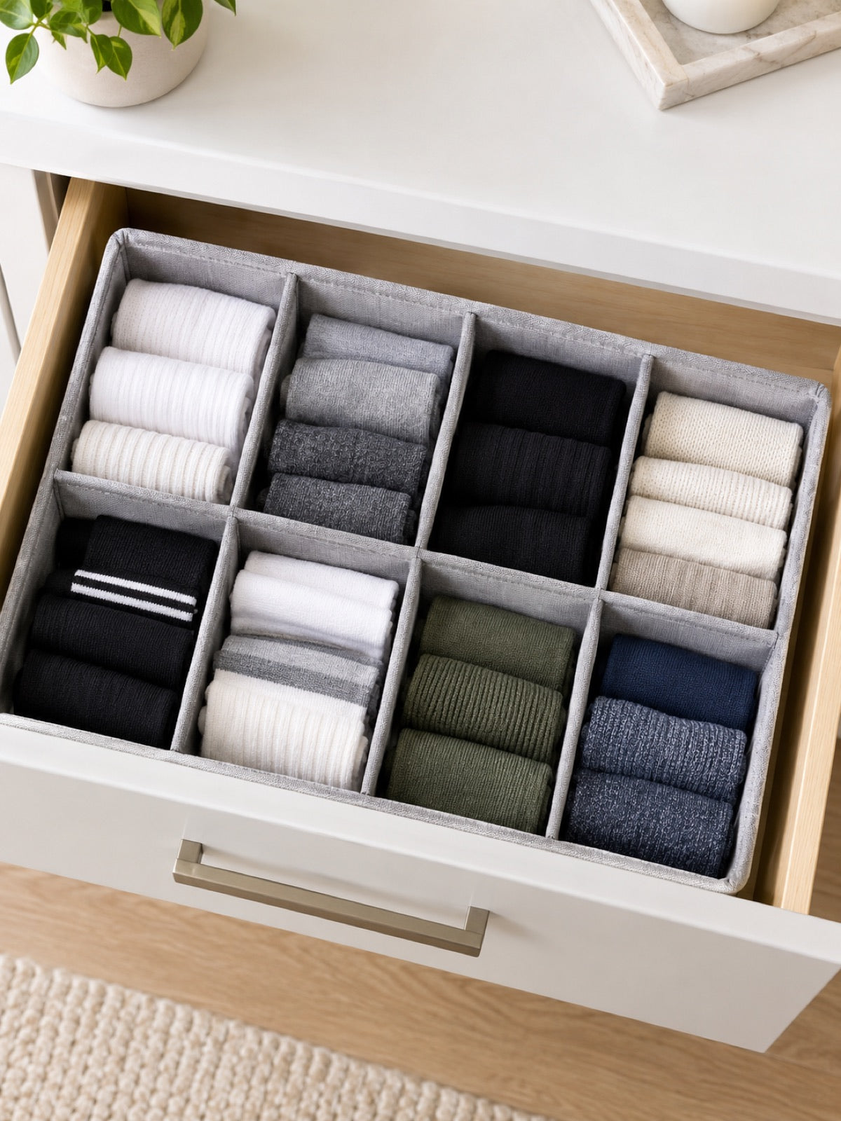 Foldable Fabric Drawer Dividers, 8-Cell in use - Miraclli