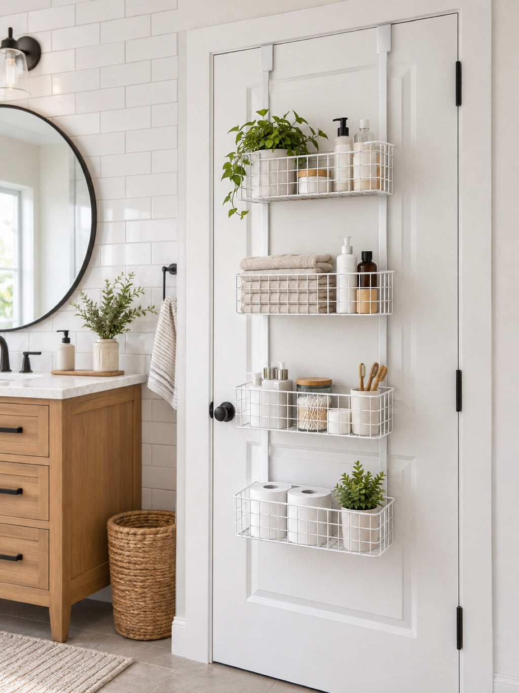 Over-the-Door Bathroom Organizer, 4-Tier in use - Miraclli