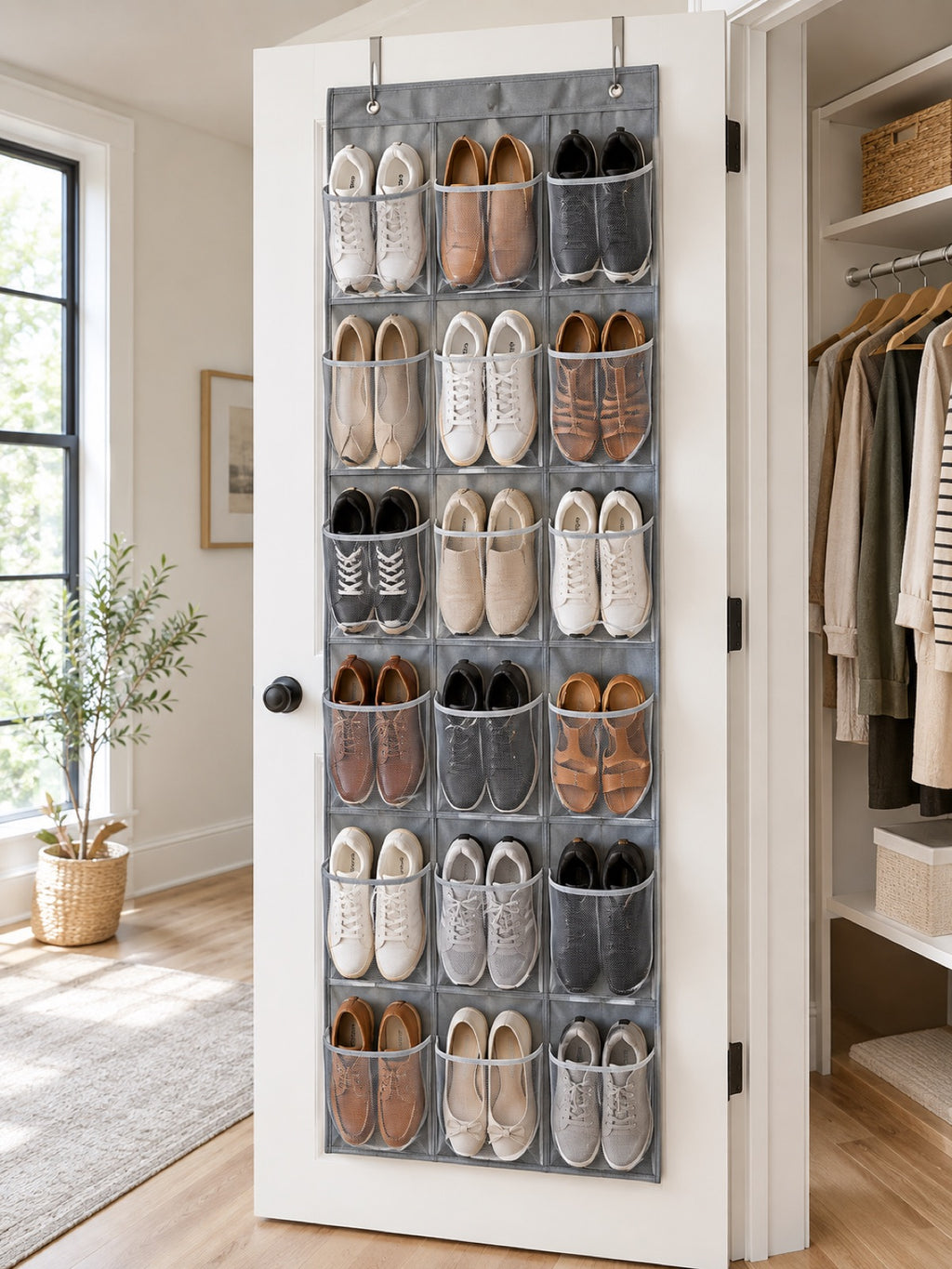 Over-the-Door Shoe Organizer, 24 Pockets in use - Miraclli