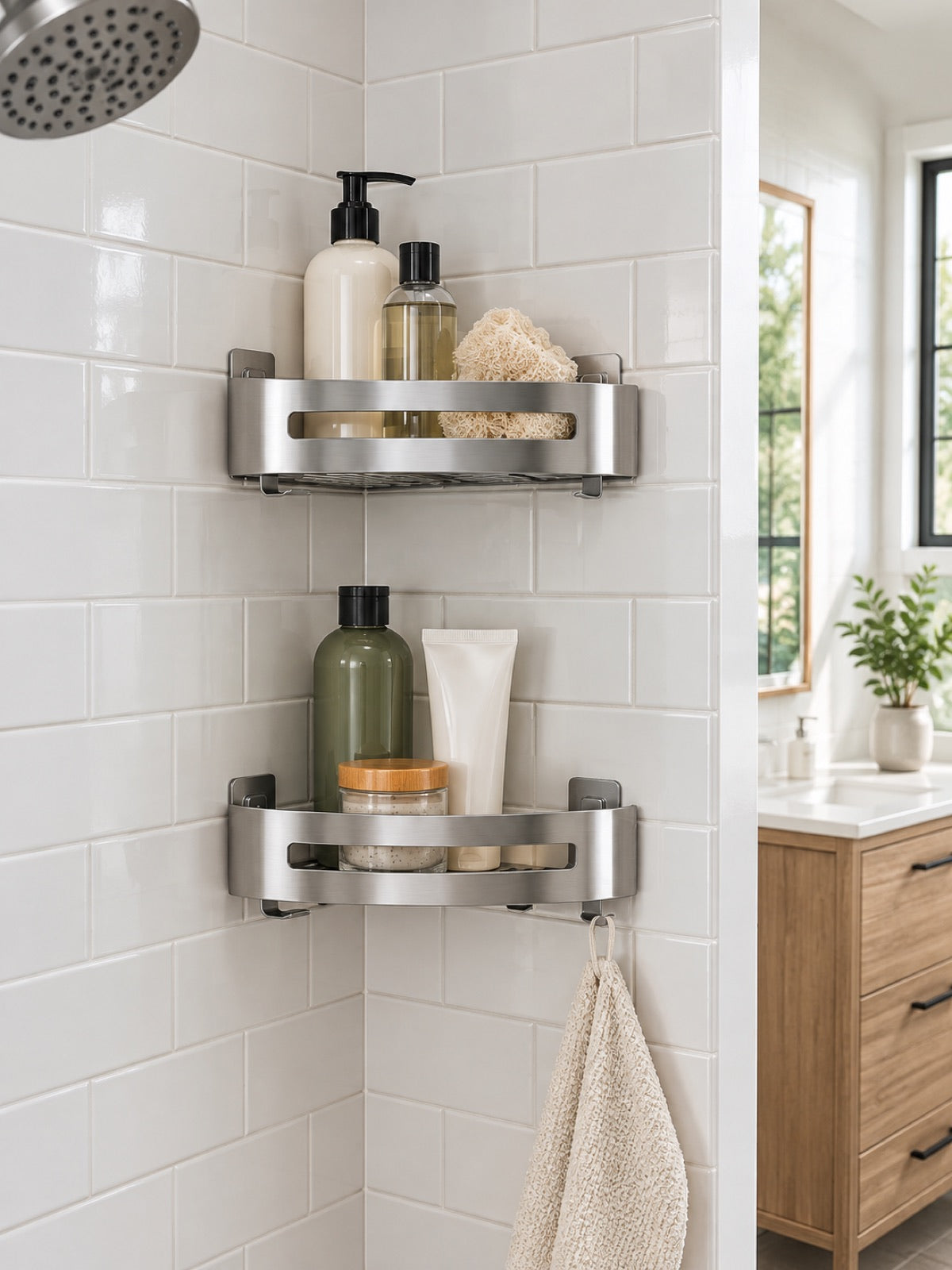 Rustproof Corner Shower Caddy, 2-Shelf in use - Miraclli
