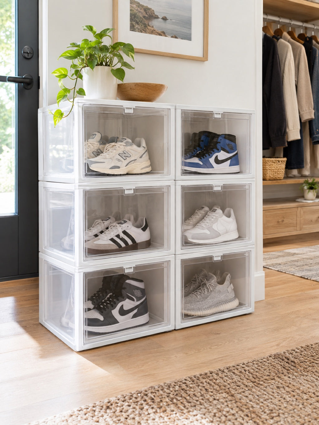 Stackable Clear Shoe Boxes, Set of 6 in use - Miraclli