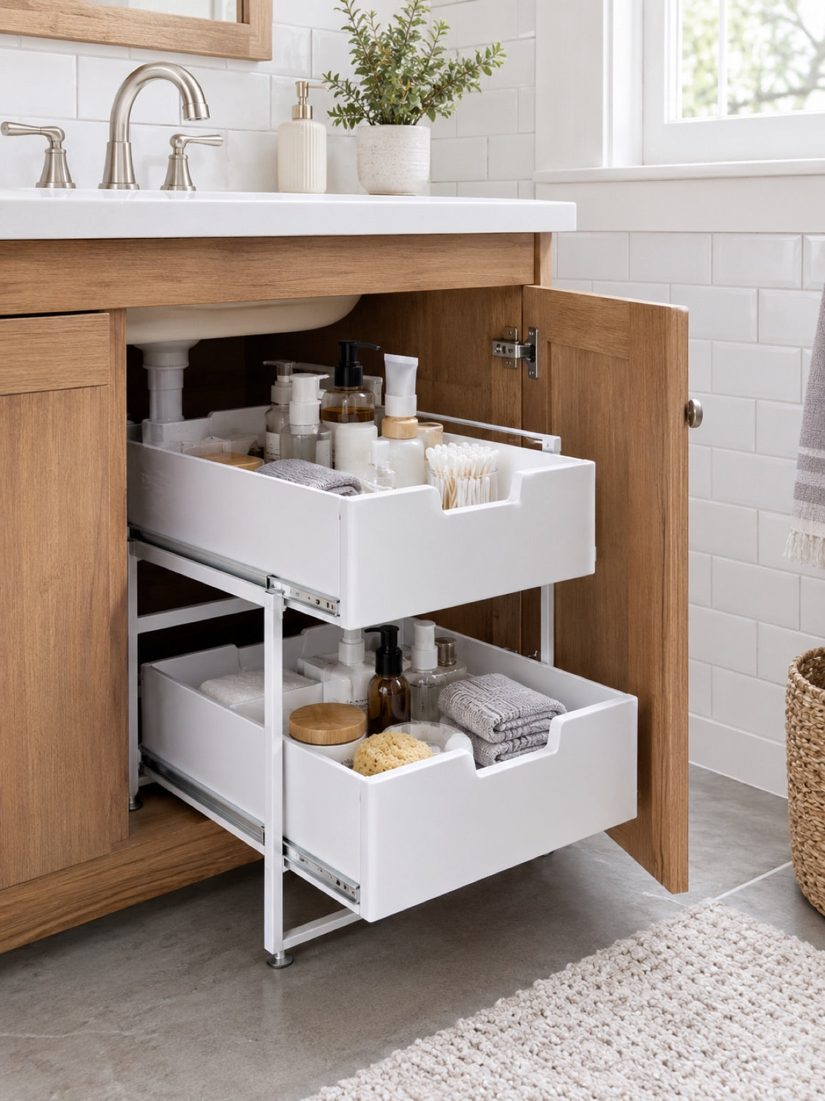 Under-Sink Sliding Storage Organizer, 2-Tier in use - Miraclli